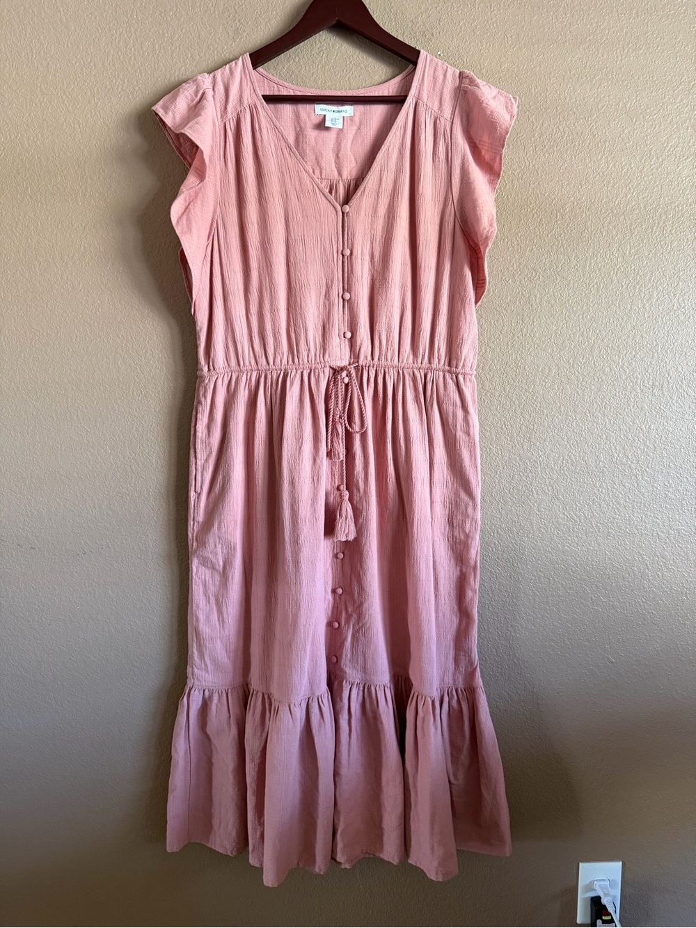 Lucky Brand Blush Pink Button Front Maxi Dress with Tassel Tie & Pockets Size XL - Picture 2 of 11